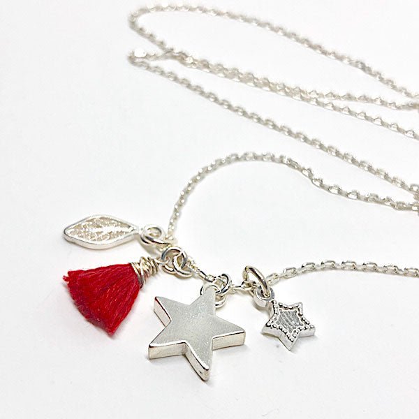 Cadena Trio Stars Charms Borla Roja Plata - Unicus Joyas