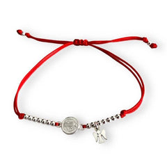 Pulsera San Benito con ángel protector en color rojo con medalla de San Benito y charm de ángel.